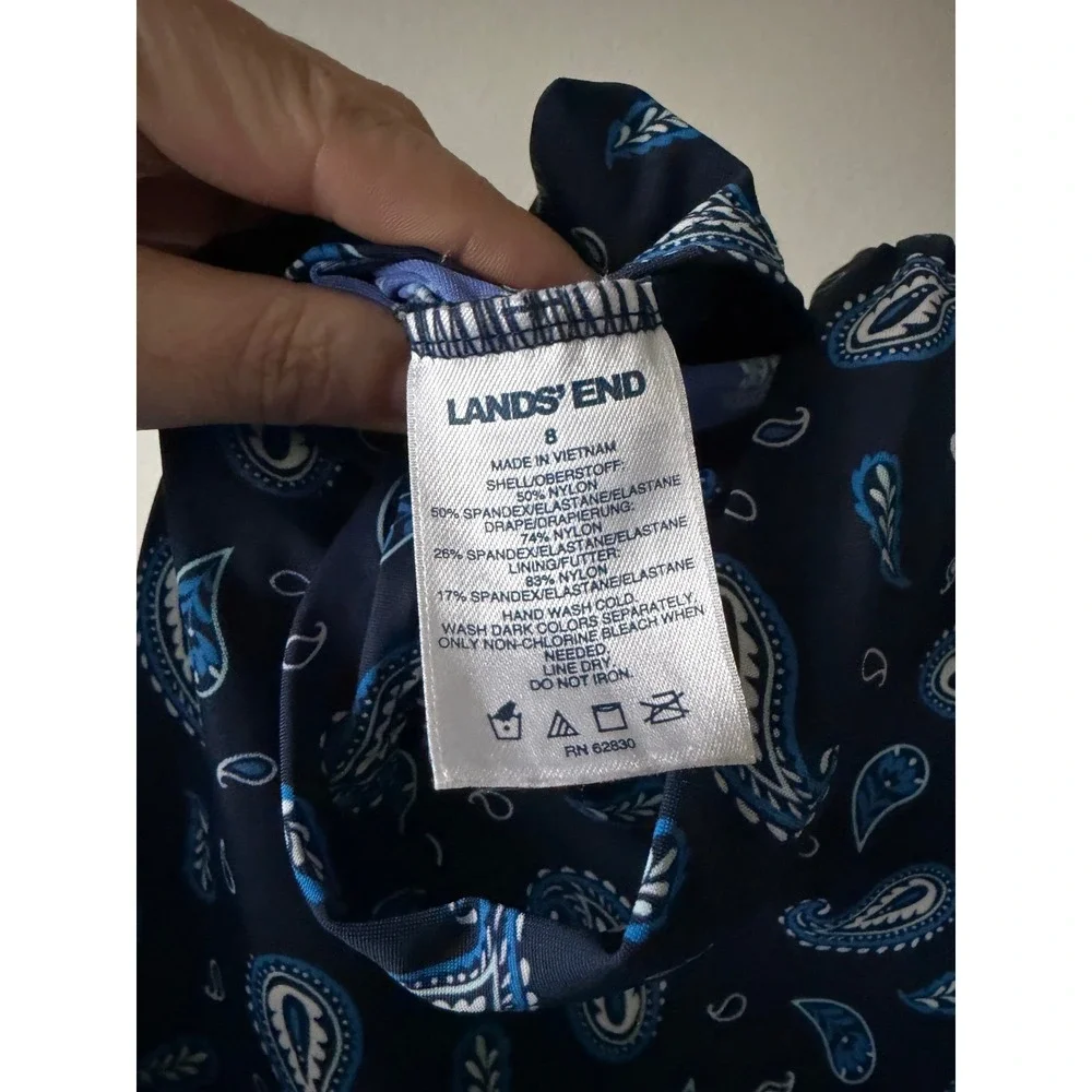 Lands End Womens Navy Blue Paisley Ruched One Piece Swimsuit Size 8‎ V-Neck